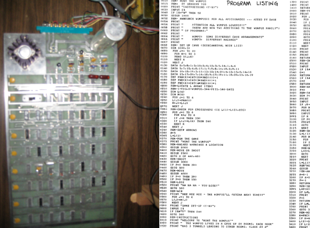 Pong's circuit board on the left, BASIC code from Hunt the Wumpus on the right