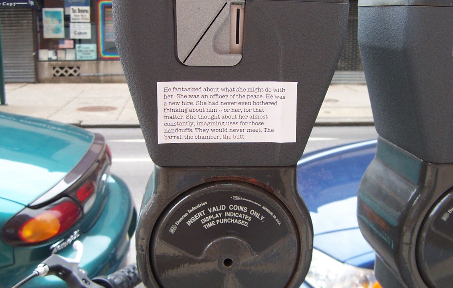 Sticker on parking meter: He fantasized about what she might do with her ...