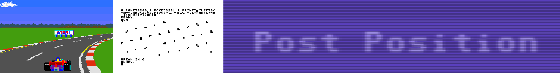 Post Position (Pole Position game image, visual poem based on Morrellet's artwork, C64 logotype)